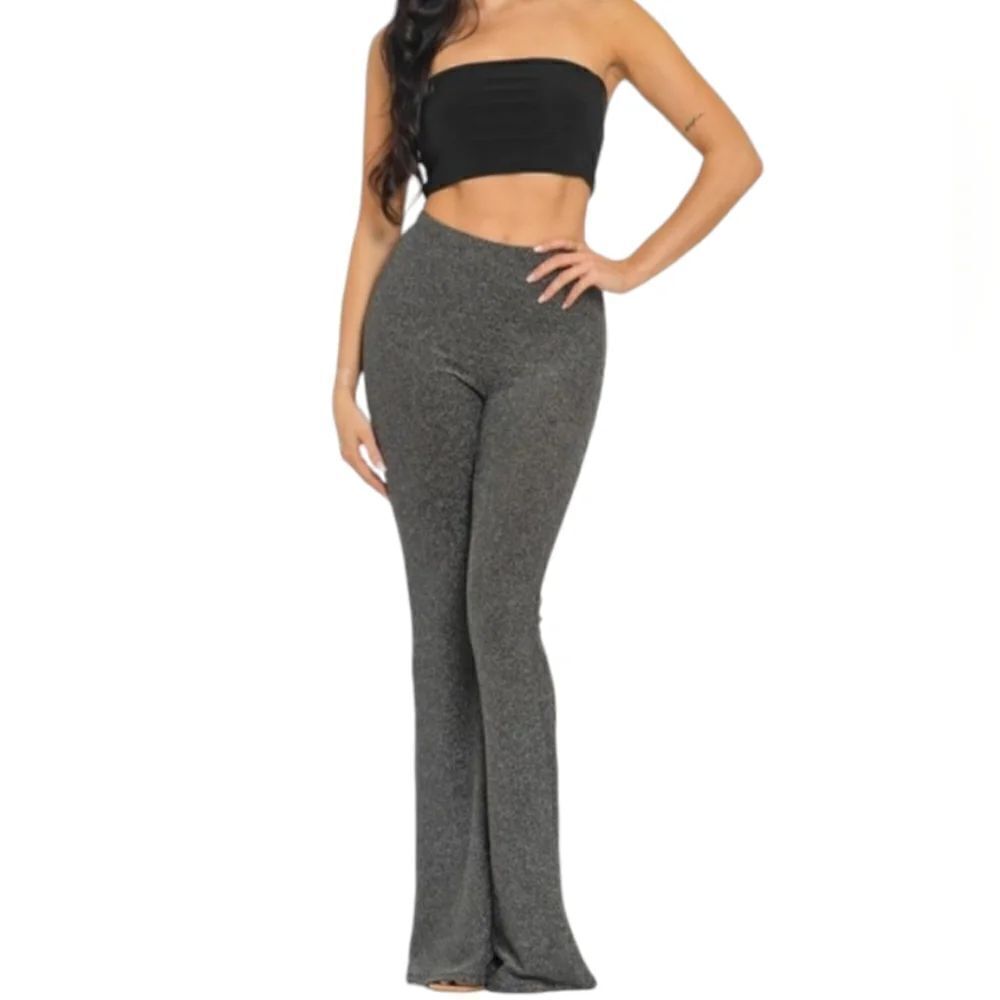 Lurex Flared Long Pants Bell Bottom Silver Gray Glitter Knit Jersey - Picture 7 of 13